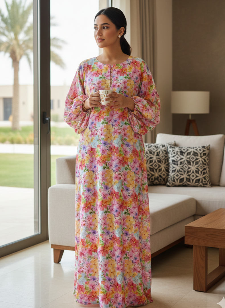 Blossom Garden Pastel Floral Cotton Jalabiya – Elegant Modest Homewear