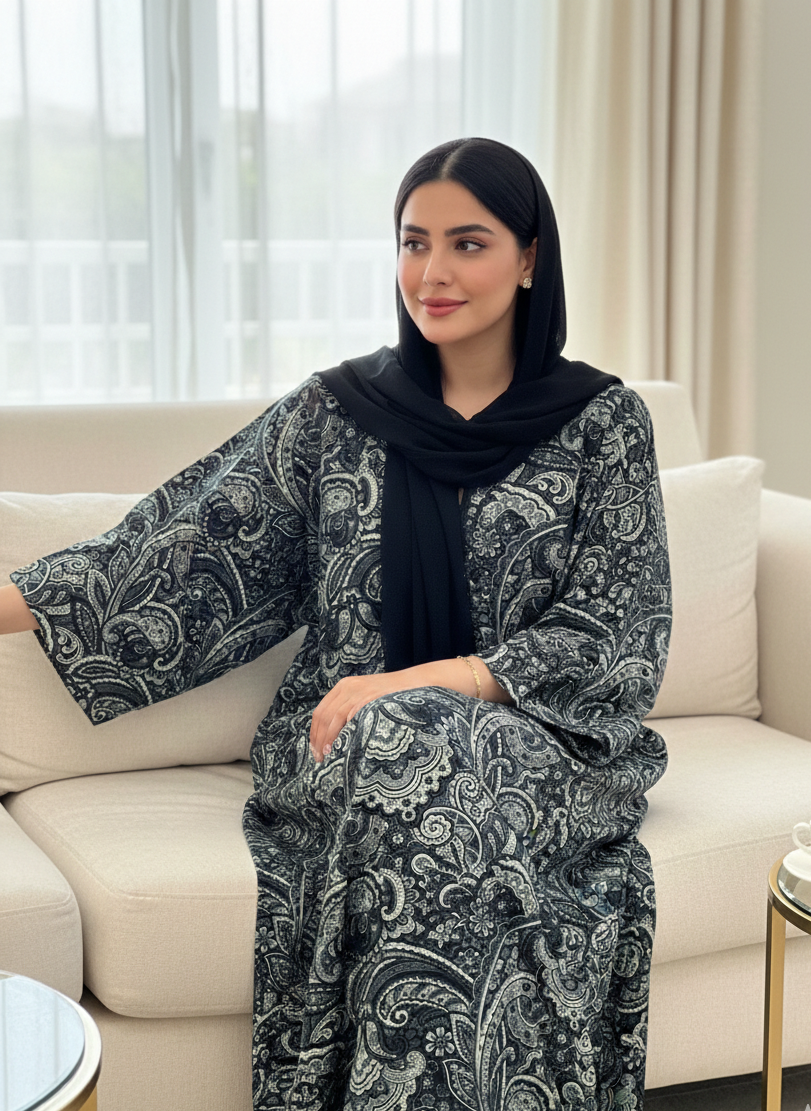 Charcoal Silver Paisley Cotton Jalabiya – Elegant Evening Modest Wear