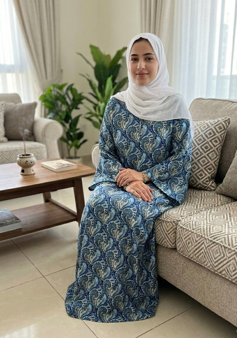Midnight Blue Paisley Cotton Jalabiya – Elegant Modest Homewear